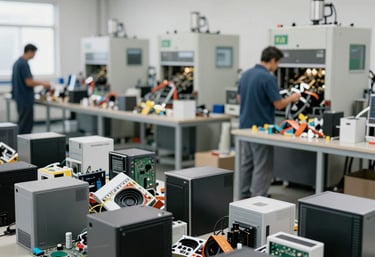 A modern recycling facility with workers sorting electronic waste in Modinagar.