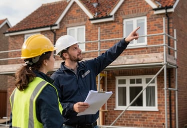 A friendly team collaborating over a modern website design on laptops with blue and white color accents.