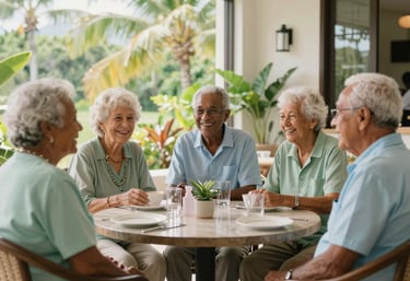 A group of happy elderly residents sitting together in a bright, elegant common area in Mauritius. They are engaged in conversation, with soft natural light coming through large windows showing tropical greenery. The palette features light green and soft blue accents.