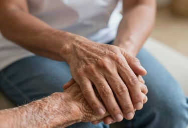 A professional and warm photograph of a caregiver's hand gently holding an elderly person's hand, conveying trust and compassion, soft lighting, Mauritius.