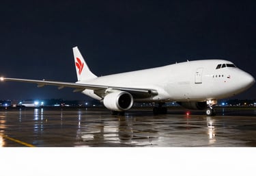 A sleek cargo aircraft on a wet tarmac at night, reflecting the deep navy sky and bright runway lights.