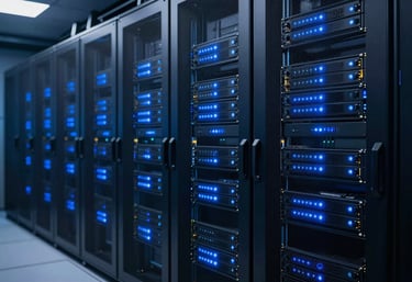 An orderly, modern server room with glowing blue status lights, symbolizing secure infrastructure and reliable technology, dark blue environment.