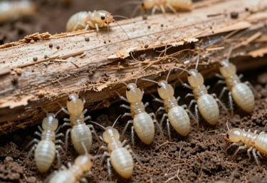 Close-up of a termite colony on wooden surface showing damage.
