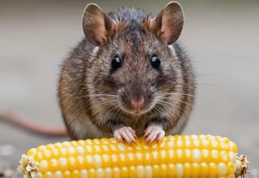 A small brown field mouse eating a fresh yellow corn on the cob outdoors.