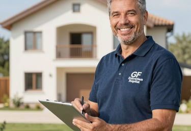 A skilled technician carefully cleaning a traditional French home exterior using professional high-pressure equipment.