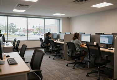 A spacious and airy modern contact center in North America with ergonomic seating, large windows, and a calm, focused professional atmosphere.
