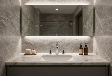 A beautifully finished contemporary bathroom in a French home, mineral gray stone textures, elegant fixtures, and soft ambient lighting.