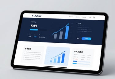 A clean, ultra-modern digital dashboard displaying various marketing KPIs and upward growth arrows on a tablet. The interface is elegant and minimal, utilizing #1A2C3D and #A7BBCB for a professional tech aesthetic.