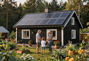 A family enjoying their garden in a Northern European / Baltic home with visible solar panels on the roof. The lighting is soft and warm. Focus on a sustainable lifestyle, with forest green and warm gold colors.
