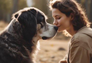 A cozy home setup showing a person attentively practicing animal communication with a curious dog beside them.