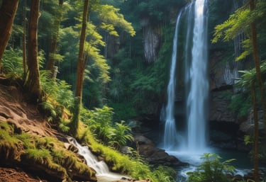 A cozy wooden cabin nestled among tall trees at Hobbiton Lodge during golden hour.
