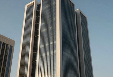 Modern minimalist corporate architecture in Ras Al Khaimah, clean lines of a business center under a clear sky, symbolizing growth and stability.