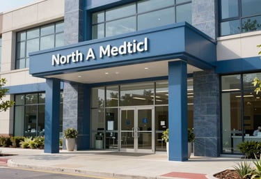 The sleek, professional entrance of a modern North American medical center, daytime lighting, slate blue architectural details, welcoming atmosphere.