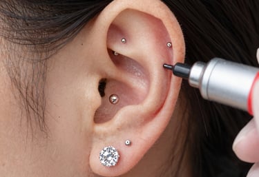 תהליך ניקוב אוזן מקצועי עם עגילי סחוס ותכשיט יהלום בתנוך בסביבה סטרילית