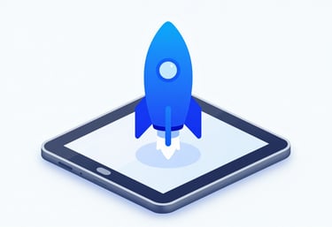A 3D isometric icon of a rocket launching from a digital tablet, utilizing the brand's #725DF0 and #3C306D gradients, representing business growth and digital deployment on a light background.