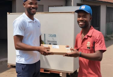 A friendly delivery driver handing over a parcel to a smiling customer outside a home in South Africa.