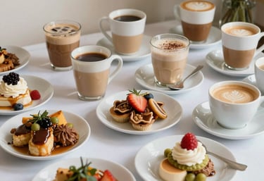 A group of friends enjoying coffee together at a wooden table in a modern cafe.