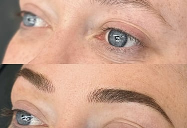 Before and after image displaying a client with brunette microbladed brows with added shading.. 