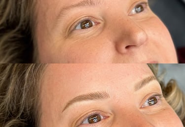 Before and after image displaying a client with blonde microbladed brows. 
