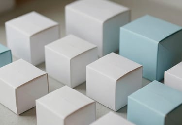 Assorted consumer goods neatly packaged in minimalist white and pale blue boxes. Natural lighting, studio photography, clean aesthetic reflecting high-quality distribution.