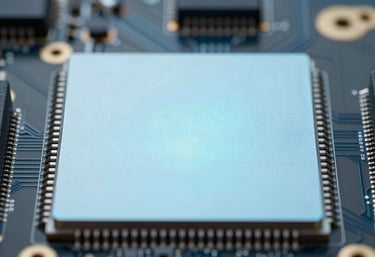 A sleek, modern electronic circuit board with pale blue glowing elements. Macro photography with a shallow depth of field, emphasizing high-tech precision. Minimalist and clean.
