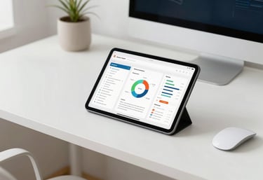 A bright and airy photograph of a digital workspace with a tablet displaying educational charts, minimalist white furniture, Global / English-speaking context.