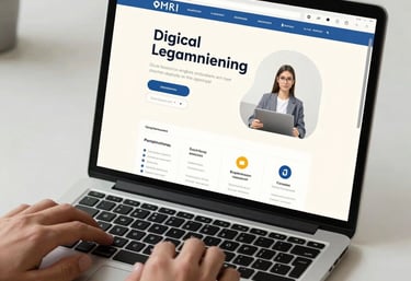 A person using a laptop with a clean, modern user interface in a bright professional workspace. The screen displays a digital learning platform with off-white and medium blue tones. Global / English-speaking.