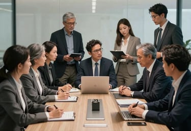 A group of diverse professionals in business attire collaborating in a sleek, high-tech meeting room. The atmosphere is serious yet innovative. Global / English-speaking.