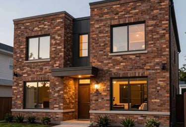 A stunning contemporary North American residential home featuring a facade of multi-toned walnut brown clay bricks, evening lighting.