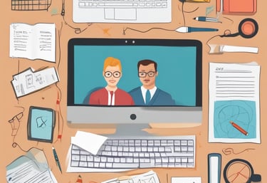 Close-up of a smiling teacher explaining a language concept during a virtual lesson.