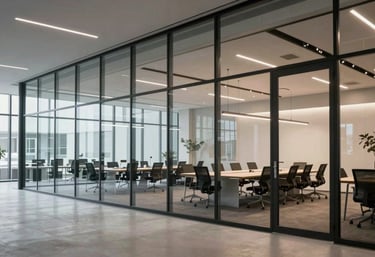 A wide, bright view of a modern production office with glass walls, showcasing a sleek meeting area in a Northern European architectural style.