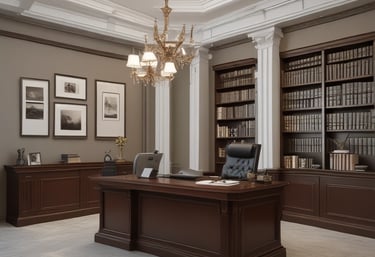 Professional office space with neat desks and legal books, reflecting a trustworthy advisory firm.
