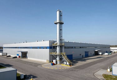 A wide shot of a modern industrial logistics hub, representing the trade flow between nations. Clean lines, steel blue sky, and professional atmosphere. Central European / Polish-Romanian context.