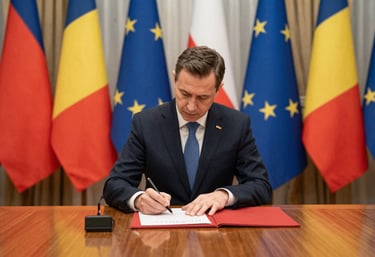 Photography of a formal diplomatic signing ceremony at a mahogany table. Flags of Romania and Poland are visible in the background. The lighting is soft and professional. Central European / Polish-Romanian context.