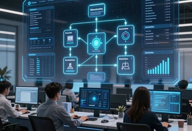 A business owner happily interacting with an AI assistant on their smartphone in a bright office space.