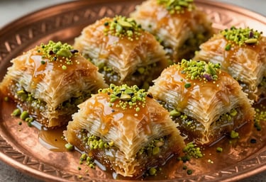 Golden flaky Baklava topped with crushed green pistachios, glowing with syrup, arranged on a traditional copper plate, warm natural light