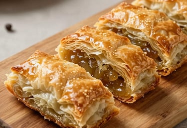 Freshly baked golden Turkish Börek cut into slices on a wooden board, flaky pastry, rustic setting, soft appetizing lighting
