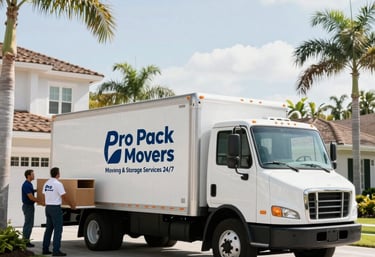 Professional movers carefully loading furniture into a moving truck on a sunny day in Delray Beach.