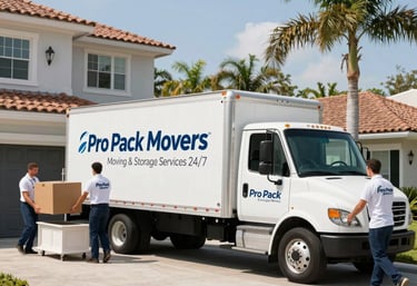 Moving truck parked outside a modern office building during a commercial move.