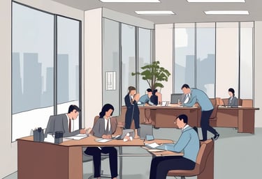 A warm, professional team collaborating around a laptop in a modern office space.