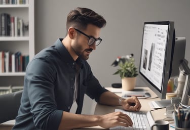 A focused digital marketing manager analyzing campaign data on multiple screens in a modern office.