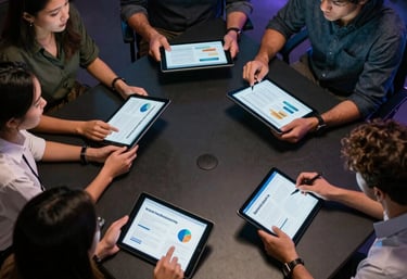 A top-down view of a modern North American marketing team discussing digital strategy over high-end tablets and tablets in a dark, neon-accented room.