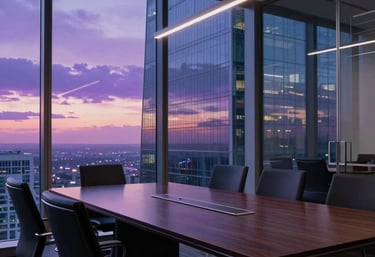 A cinematic shot of a modern glass office boardroom in a North American skyscraper with a view of a purple sunset through the windows.