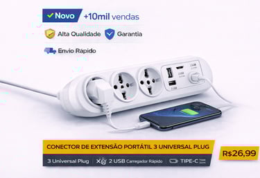 Extension cord power strip with three universal outlets, dual USB ports, and USB-C fast charging a smartphone.