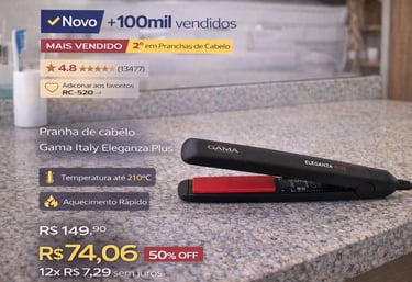 Prancha de cabelo Gama Italy Eleganza Plus preta com placas vermelhas sobre bancada de granito.