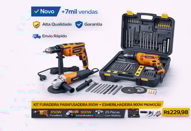 Kit furadeira parafusadeira 850W e esmerilhadeira 900W com maleta de ferramentas e 25 peças.
