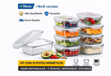 Kit com 10 potes de vidro herméticos retangulares para armazenamento de mantimentos e marmitas.