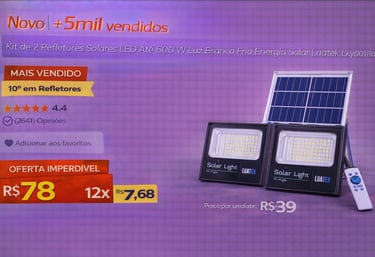 Kit de 2 refletores solares LED Luatek 600W com painel solar e controle remoto para iluminação externa.