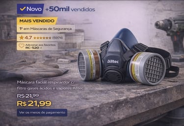 Máscara facial respirador Alltec com filtro para gases ácidos e vapores em bancada de trabalho.