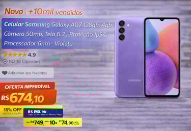 Samsung Galaxy A07 violeta de 128GB em oferta, smartphone com tela de 6.7 polegadas e câmera de 50mp.